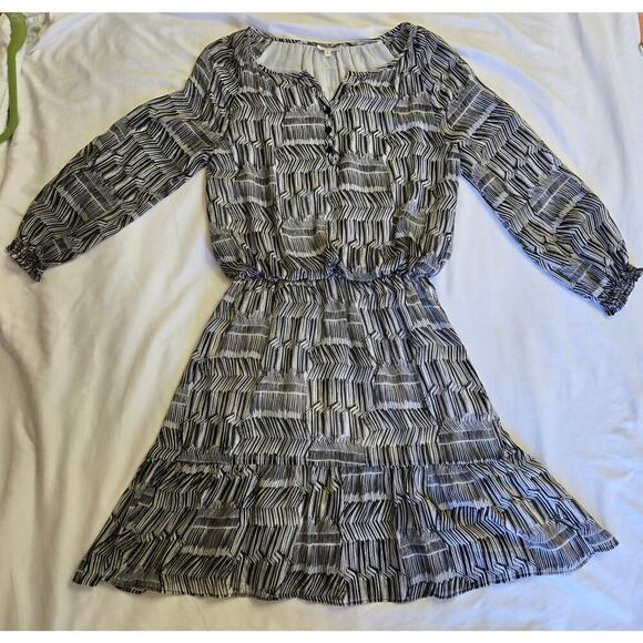 Shoshanna Womens Silk Dress Size 0 Peasant Ruffle Hem Puff Sleeve Black & White - Picture 11 of 11